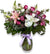 Whispers of Love Bouquet – romantic flower arrangement with pink roses, white lilies, and fresh greenery in a clear glass vase with lavender ribbon, perfect for Richmond Hill same-day flower delivery.