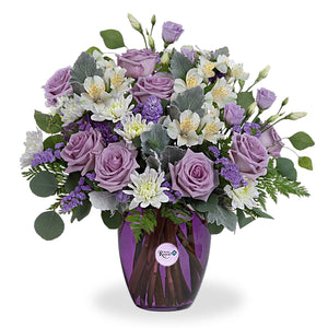 Pink Harmony Bouquet with hot pink roses, carnations, alstroemeria, and lavender asters — fresh flowers for birthdays and Mother’s Day.