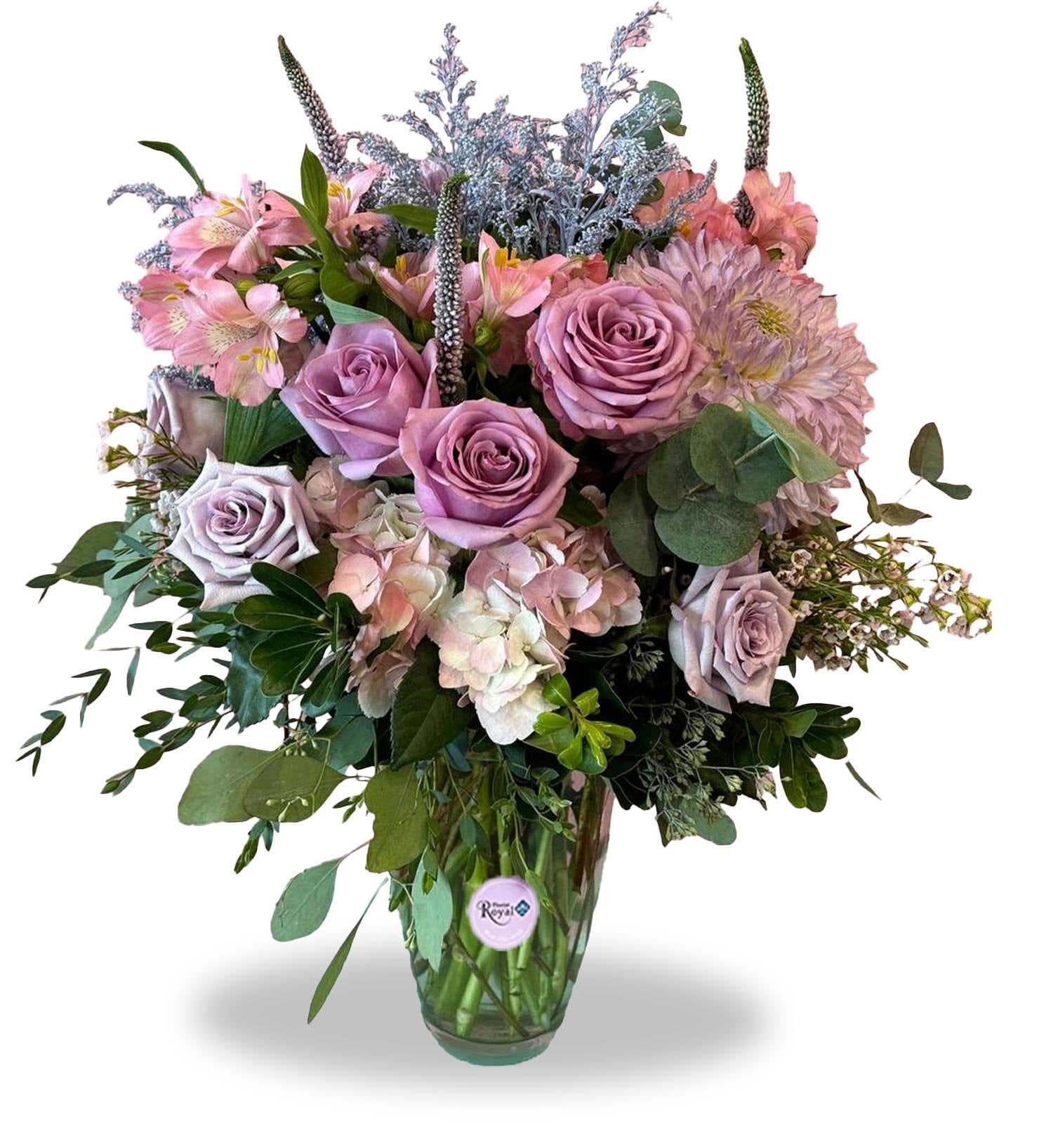 Timeless Beauty Bouquet with lavender roses, pink hydrangea, alstroemeria, and blue fillers — fresh flowers delivered in York Region.