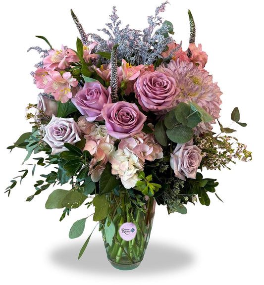 Timeless Beauty Bouquet with lavender roses, pink hydrangea, alstroemeria, and blue fillers — fresh flowers delivered in York Region.